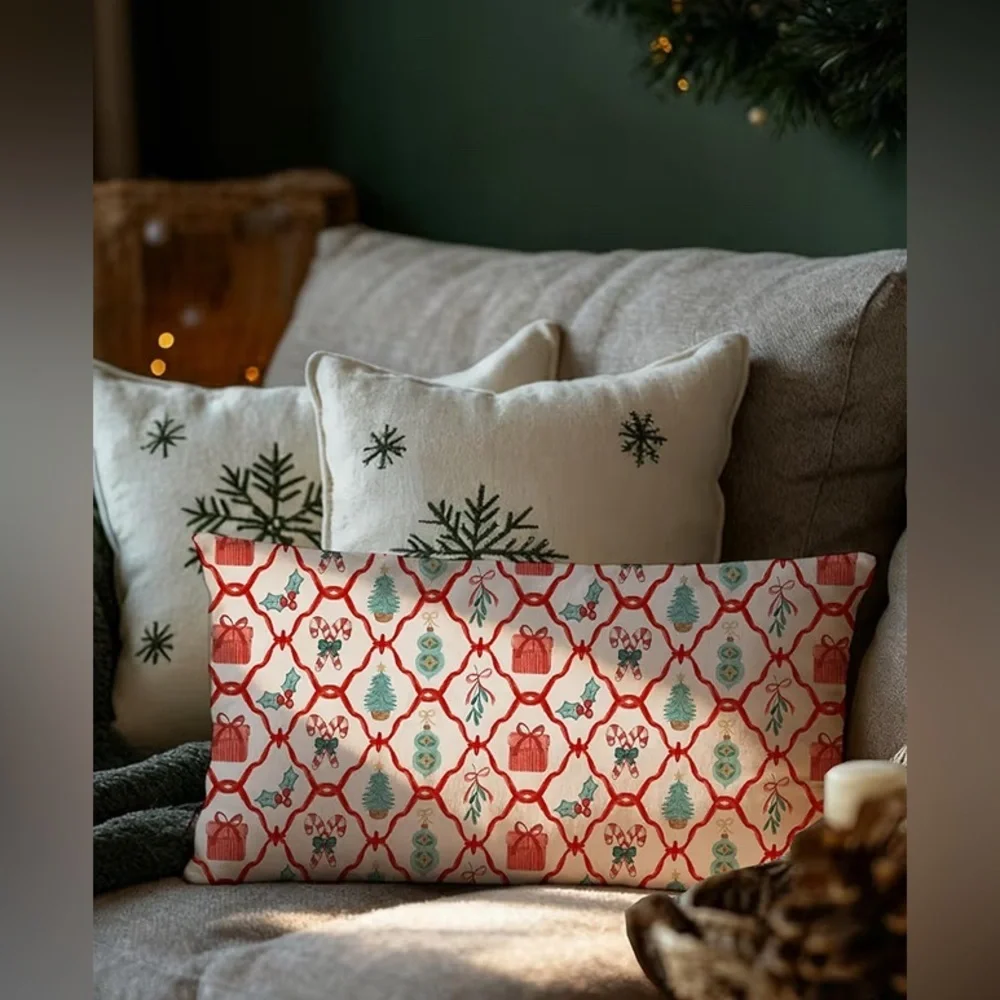 New- Set of SIX Festive Red and White Festive couch Pillow Set